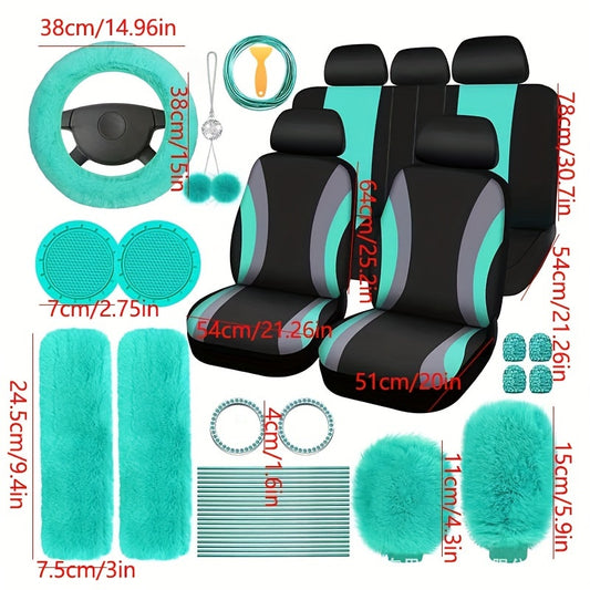 35pcs Plush Car Seat & Steering Wheel Interior Set – Universal Car Accessories for Fashionable Ladies