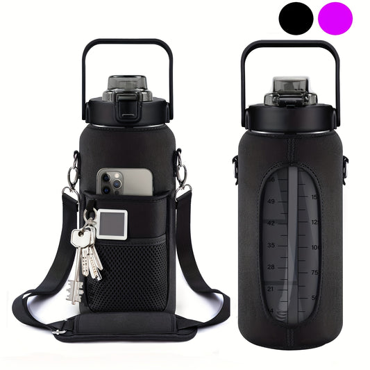 Sildurx 70oz (2L) Half-Gallon Water Bottle with Sleeve - Leakproof, BPA-Free Tritan, Built-in Straw & Time Stamp, Thermos with Handle, Motivational Design, for Gym, Travel, Office, School - Ideal Gift for Men & Women, Daily H