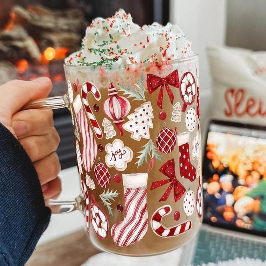 Sip Sip Hooray Christmas 17oz Glass Coffee Mug With Lid and Straw, Christmastok, Glass Cups, Christmas Cups 2024 Collection tumbler friend gift Drinkware