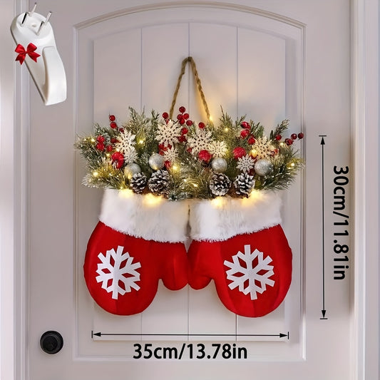 Sparkling Christmas Glove Wreath with 120 LED Lights - Artificial Pine Branches, Red Berries & Frost Pine Cones, Indoor/Outdoor Door Decoration for Christmas Trees