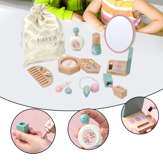 Wooden Pretend Makeup Kit for Girls with Cosmetic Bag Role Play Beauty Set for Kids Ages 3-6, Includes Mirror, Lipstick, Eyeshadow, Blush, Brushes & More Birthday Gift for Little Princesses