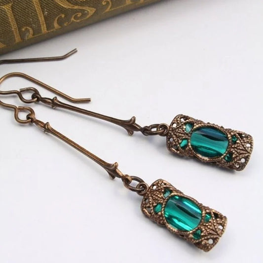 Vintage Green & Blue Zircon Long Drop Earrings for Women – Antique Bronze Dangle Jewelry, Party & Gift Accessories