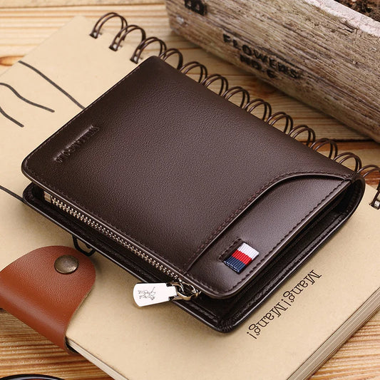 Genuine Leather Men Wallet with RFID Feature Zipper Casual Standard Short Purse Card Holder for Men