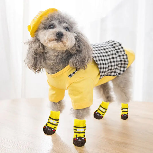 4Pcs Winter Pet Socks Non-slip Socks Dog Paw Protection Printed Socks For Chihuahua Teedy Pet Supplies Warm Cute Cartoon Casual