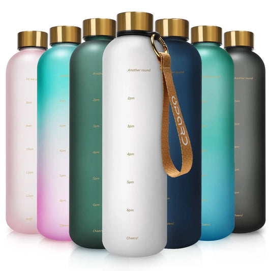 New 1L Water Bottle with Time Stamp BPA Free Reusable Fitness Sports Outdoor Travel Leakproof Water Cup Frosted Kettle