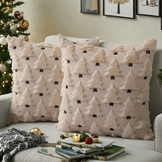 2pcs Christmas Pillow Covers 45x45 cm Beige Christmas Tree Throw Pillow Cases Decorations Soft Covers Winter Holiday Decor