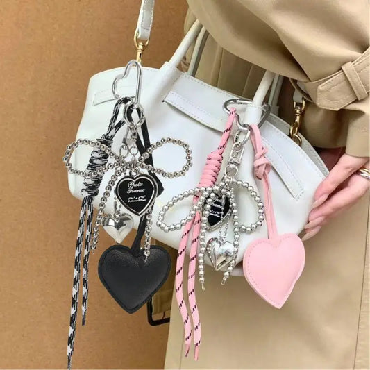 Fashionable Heart Leather Rope Keychain Handmade Love Heart Pearl Bow Bag Pendant Y2K Bag Charms Gifts INS Hanging Accessories