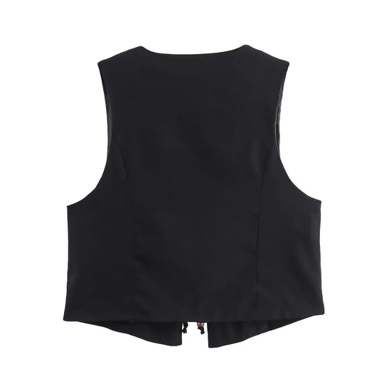 2025 New Women's Clothing European and American Style French Design Fashion Beaded Bow Linen Blended Vest