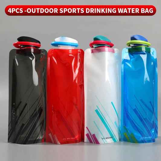 Foldable Water Bottles Flexible Reusable Travel Water Bottle Plastic Water Pouch Soft Flask Water Bag With Carabiner Clip