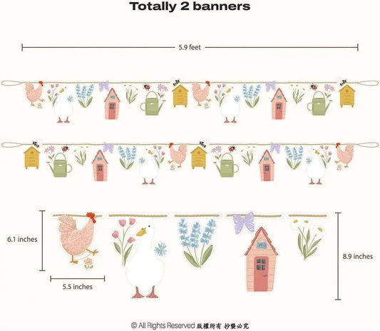 Silly Goose Garden Party Garland – Farm Animal Tea Party Banner Decorations for Girls Birthday, Picnic & Farm Theme Party (2pcs)