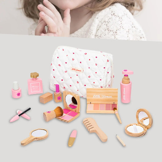 Wooden Pretend Makeup Kit for Girls with Cosmetic Bag Role Play Beauty Set for Kids Ages 3-6, Includes Mirror, Lipstick, Eyeshadow, Blush, Brushes & More Birthday Gift for Little Princesses