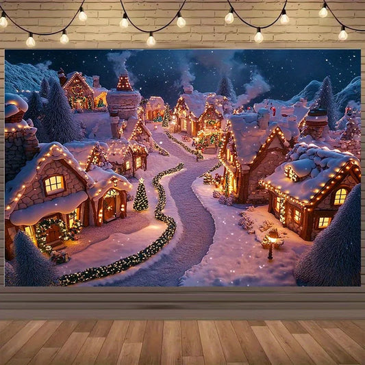 1 2D holiday Christmas snow village background with comfortable cabin passages, sparkling decorations, and flashing lights