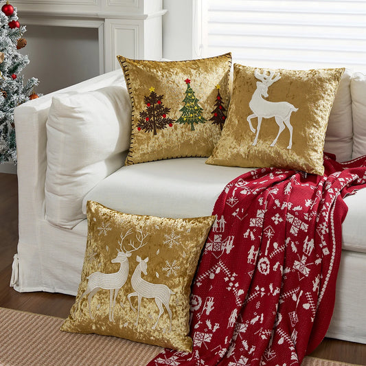 1pc Christmas Throw Pillow Cover, Snowflake Embroidery 18x18 Pillowcase Home Xmas Gold Decorative Cushion Cover Soft for Sofa