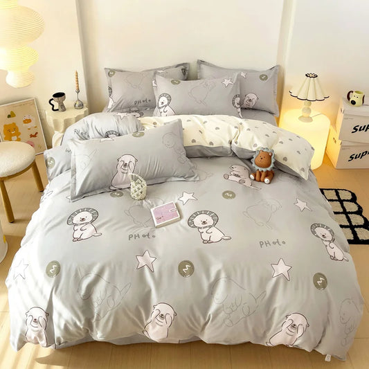 Kids Bedding Set,3Pcs Cartoon Boys Girl Bed Linens,Grey Lion,Duvet Cover +Flat Sheet +Pillowcase.Single Dorm Bedding