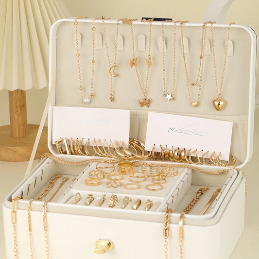 Elegant Vintage Chic Jewelry Set Including Pendant Necklaces,Twisted C-Hoop Earrings,Gold Color Rings,Bracelet ,Daily Outfits