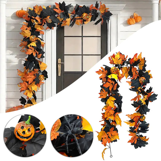 For Halloween Garland for Spookys Fall Decor 5.74ft Gothic Maple Leaf Pumpkin-Vine with Spiders Accents for Fireplace Decoration