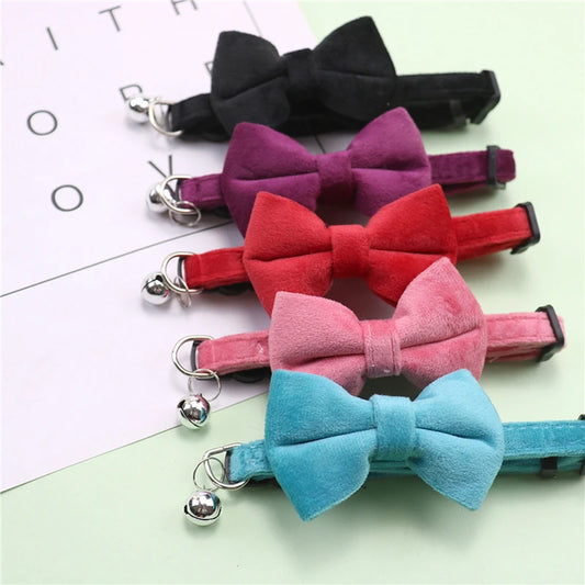 Cat Velvet Collar Solid Color Bowknot Puppy Chihuahua Collars with Bell Adjustable Safety Buckle Cats Bow Tie Pets Accessories
