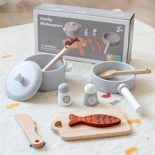 Children's simulation kitchen toys, early education educational toys, wooden simulation pots and pans, food, role-play chef
