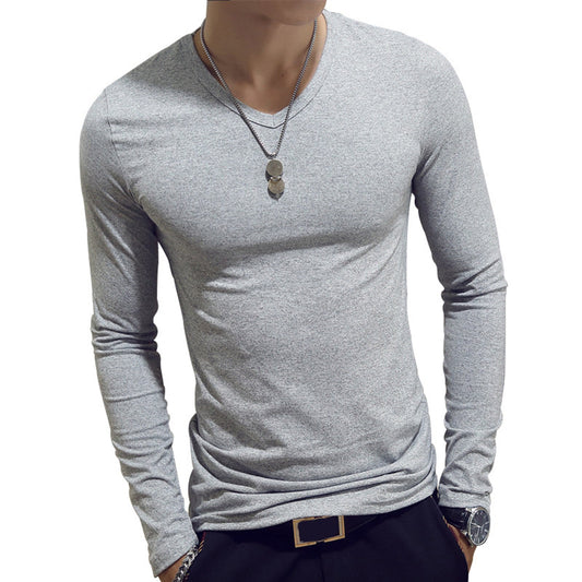 Mens Clothing Fashion V Neck Slim Fit T-shirt Long Sleeve Simple Classic Style Undershirt Casual Solid Color Tees Tops Mmall USA