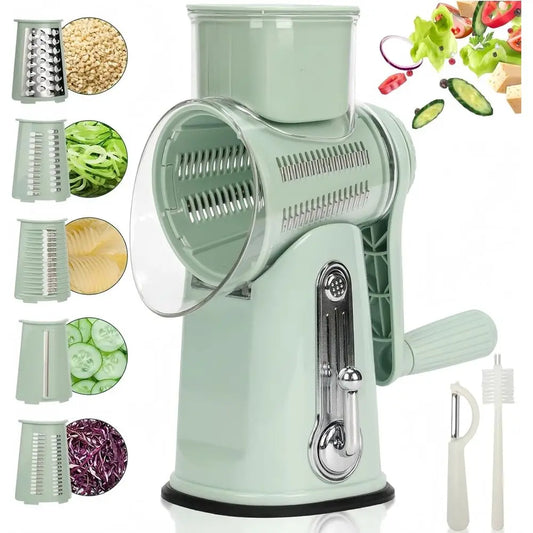 Rotary Cheese Grater with Handle, Manual Vegetable Slicer Grater with 5 Detachable Stainless Steel Blades, Round Grater Slicer H