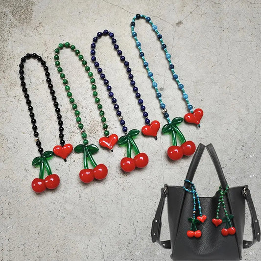 Fashion Cute Cherry Bag Charms For Women Y2K Red Love Bag Pendant Handmade Bead Chain Keychain Luxury Bag Ornaments Jewelry Gift