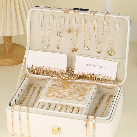 Elegant Vintage Chic Jewelry Set Including Pendant Necklaces,Twisted C-Hoop Earrings,Gold Color Rings,Bracelet ,Daily Outfits