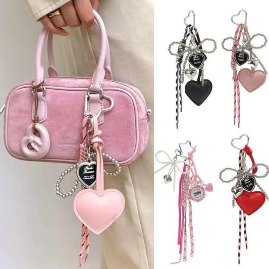 Fashionable Heart Leather Rope Keychain Handmade Love Heart Pearl Bow Bag Pendant Y2K Bag Charms Gifts INS Hanging Accessories