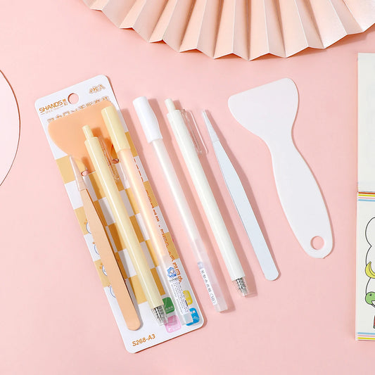 Set With 4PCS Stationery ,Combo Of School Supplies Including Pen-Shaped Glue Dot&Carving Pen&Plastic Spatula&Plastic Tweezers