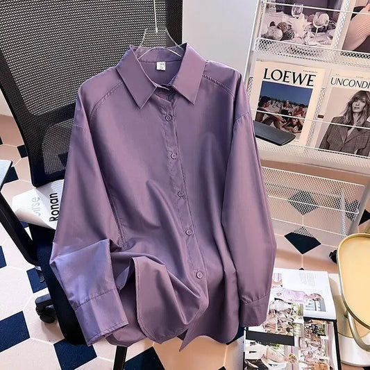 Women's Clothing Solid Color Elegant New Purple Shirt Stylish Loose Fit Unique Long Sleeve Top Fashion T-shirt