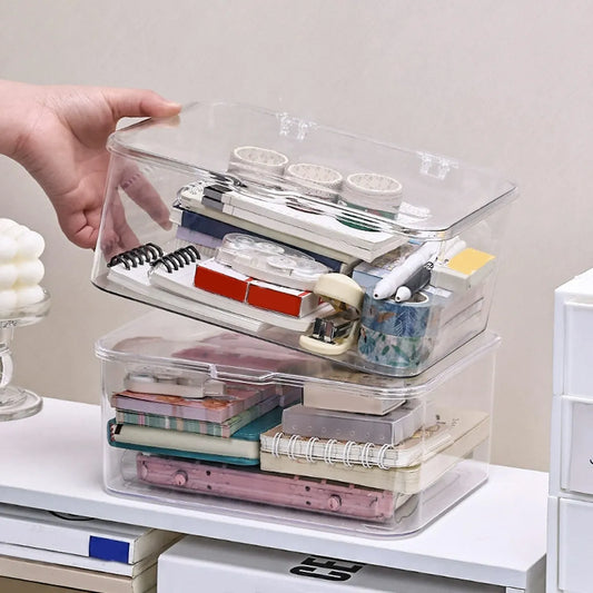 Flip-Top Desktop Storage Box — Clear Office, Cosmetic & Stationery Organizer