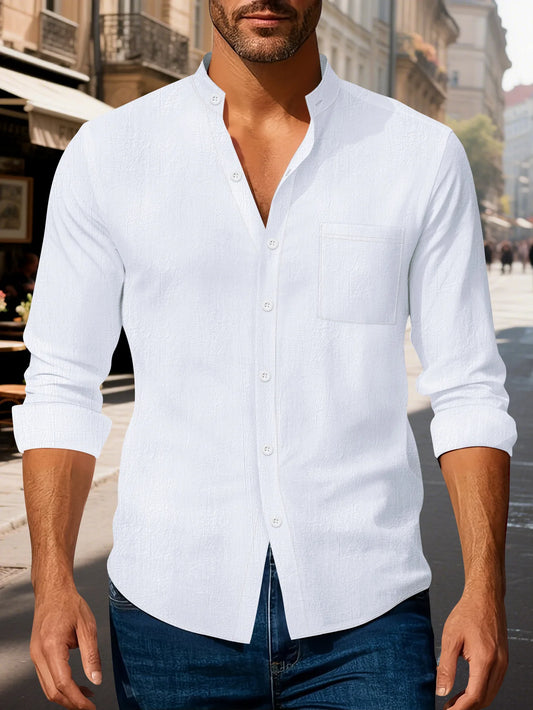 Autumn men's clothing 2025 new item men's solid color cotton and linen shirt stand up collar cardigan long sleeved casual busine