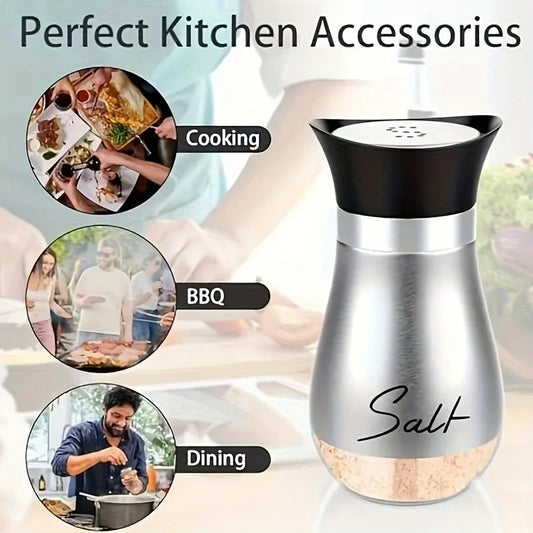 A Set of Pepper and Salt Seasoning Bottles, with A Shaking Stand Added Glass Base, Stainless Steel Lid, Refillable.