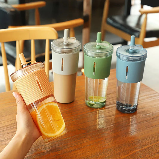 710ml/24oz Large Capacity Coffee Cup, Plastic Water Bottle With Straw, High Temperature Resistant Clear,Reusable Cups with Straw