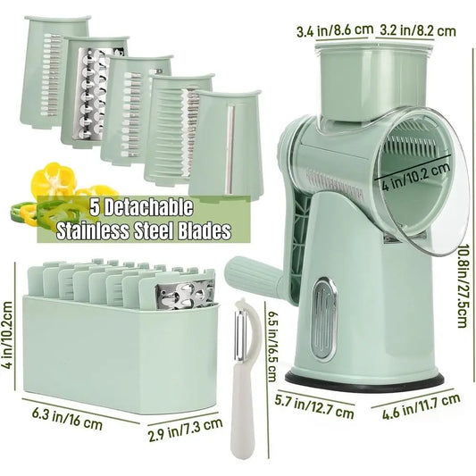 Rotary Cheese Grater with Handle, Manual Vegetable Slicer Grater with 5 Detachable Stainless Steel Blades, Round Grater Slicer H