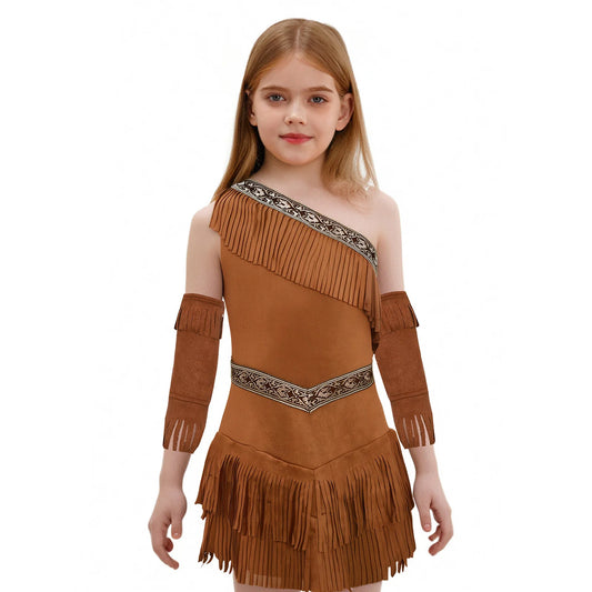 Girls Indian Indigenous Costumes Indians Princess Dress Caveman Savage Halloween Fancy Dress Up Suede Dress And Tassel Sleeves