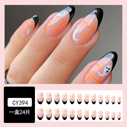 Black French Almond-shaped Ghost Nail Art for Halloween Mmall USA