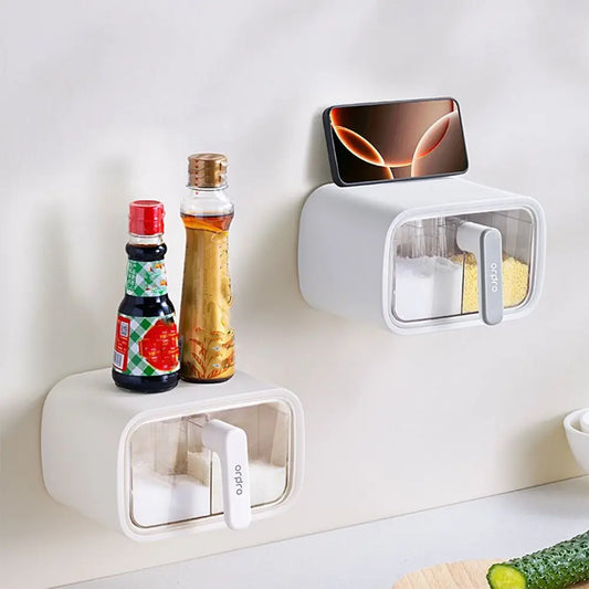 Wall Mount Seasoning Storage Box Seal Moisture-proof Clear Seasoning Container Non Perforated with Spoon Spice Boxes