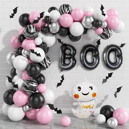 Halloween Party Theme Balloons Set Pink Black White Latex Balloon Boo Ghost Foil Ballon Chain Garland Bat Arch Kit Party Decor