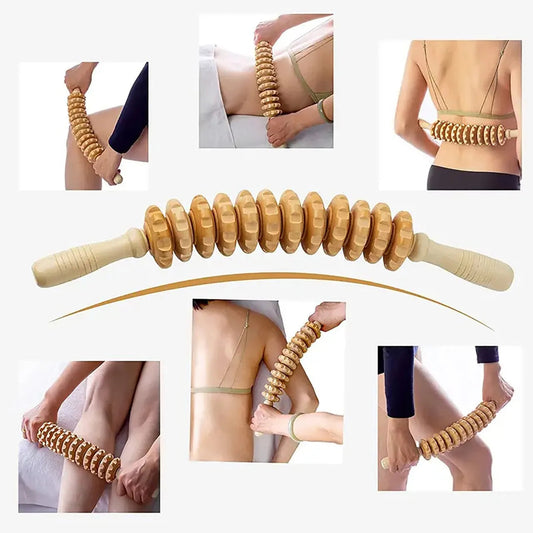 Body Fascia Massager Anti-slip Handle Wood Grooved Gear Arms Legs Thighs Buttocks Smooth Roller Massager for Back Relaxation Mmall USA