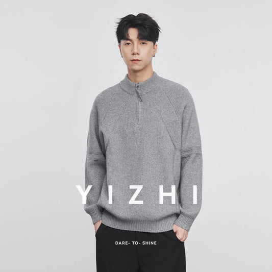 Men's Clothing Autumn Winter Half Open Collar Solid Color Zipper Pullover Long Sleeve Sweater Knitted Fashionable Casual Tops
