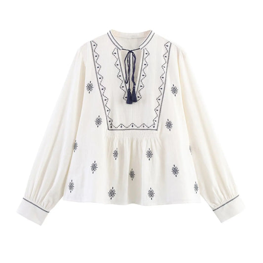 2025 WOMAN Women Fashion European and American Style Autumn New Embroidered Shirt Chic Bow Casual Top Blouses Mujer