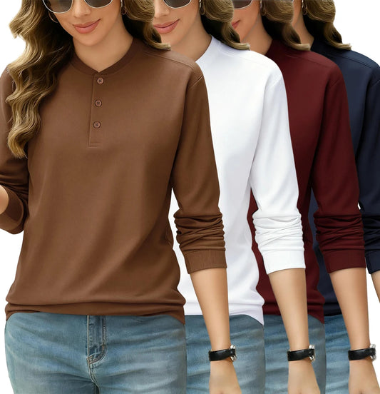Solid Color Cotton Autumn Women Henley Shirt All-Match Fashion Long Sleeves Casual T-Shirts Street Button Y2K Woman Clothing