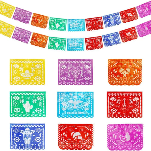 3PCS Mexican Party Decor Set, Vibrant Papel Picado Bunting-Plastic Fiesta Garland for Cinco de Mayo, Wedding, Birthday Carnival