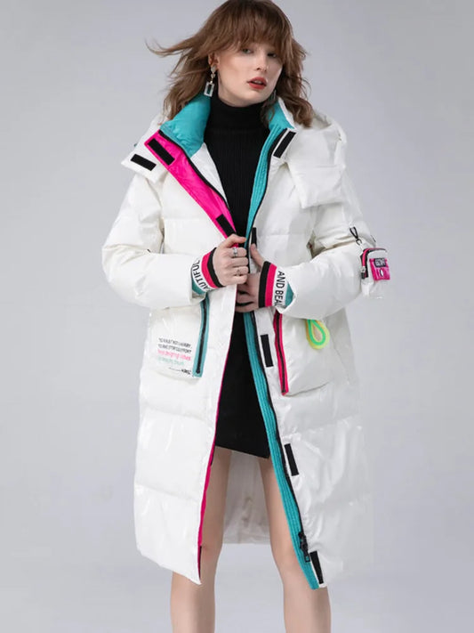 Winter Clothing Glossy Waterproof Coat Women Long 90% White Duck Down Coat Thick Loose Outerwear Warm Down Jacket Hooded Parkas