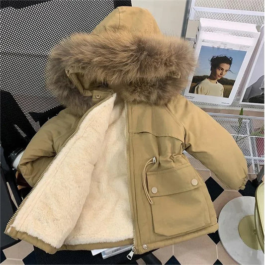 Winter clothing for girls with plush cotton coats, thickened pies for baby girls, overcoming 2025 new children's cotton jackets