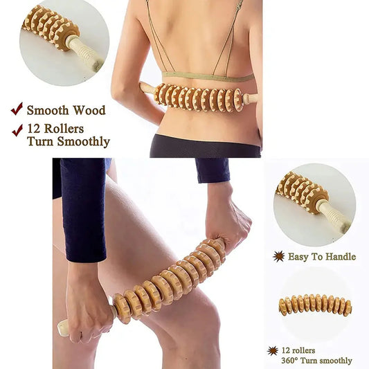 Body Fascia Massager Anti-slip Handle Wood Grooved Gear Arms Legs Thighs Buttocks Smooth Roller Massager for Back Relaxation Mmall USA