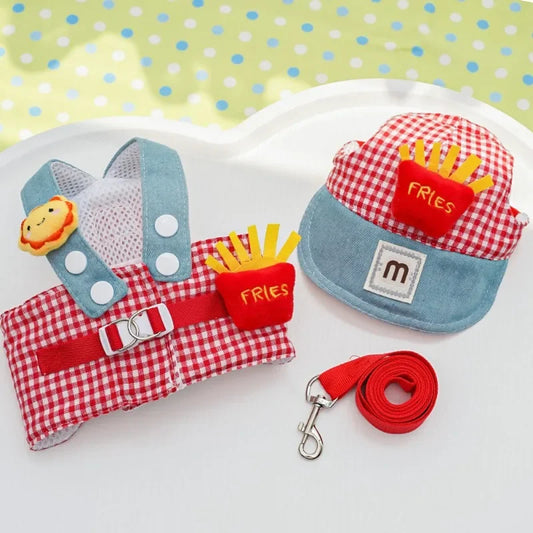 1/Set Fries Pet Harness Traction Rope Pet Wire Rope Pulling Cute Hat Three Piece Puppy Clothes Outgoing Pulling Harness Leash