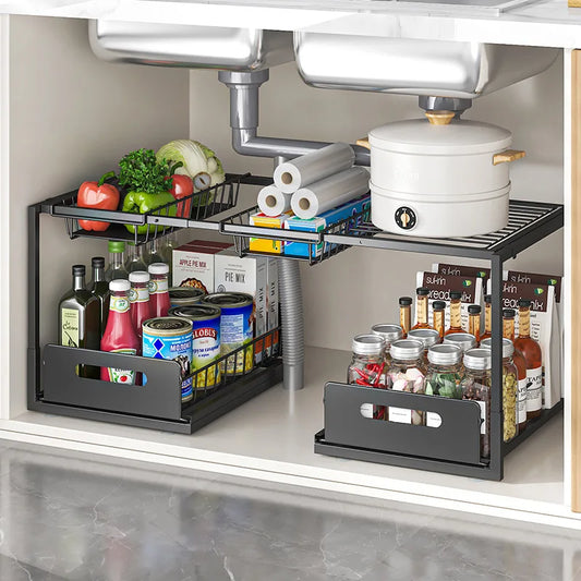 Double layered storage rack under sink - adjustable sliding rail with wire sliding pull, can store more things and save space