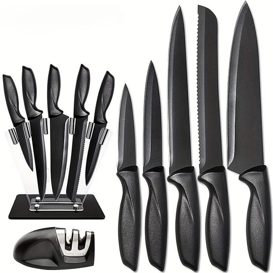 Kitchen knife 7-piece set, black professional stainless steel chef's knife with holder set home rust-proof and sharp meat cutter