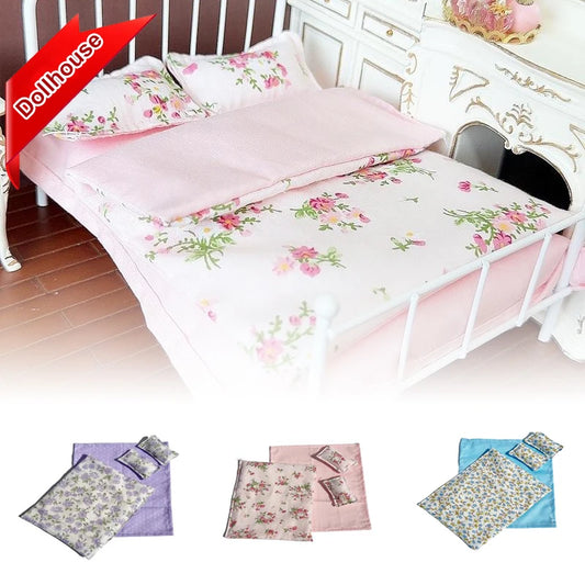1/12 Dollhouse Miniature Bed Four Piece Bed Set Bed Sheet Quilt Pillow Quilt Cover Bedding Set Doll Bedroom Decoration Toy